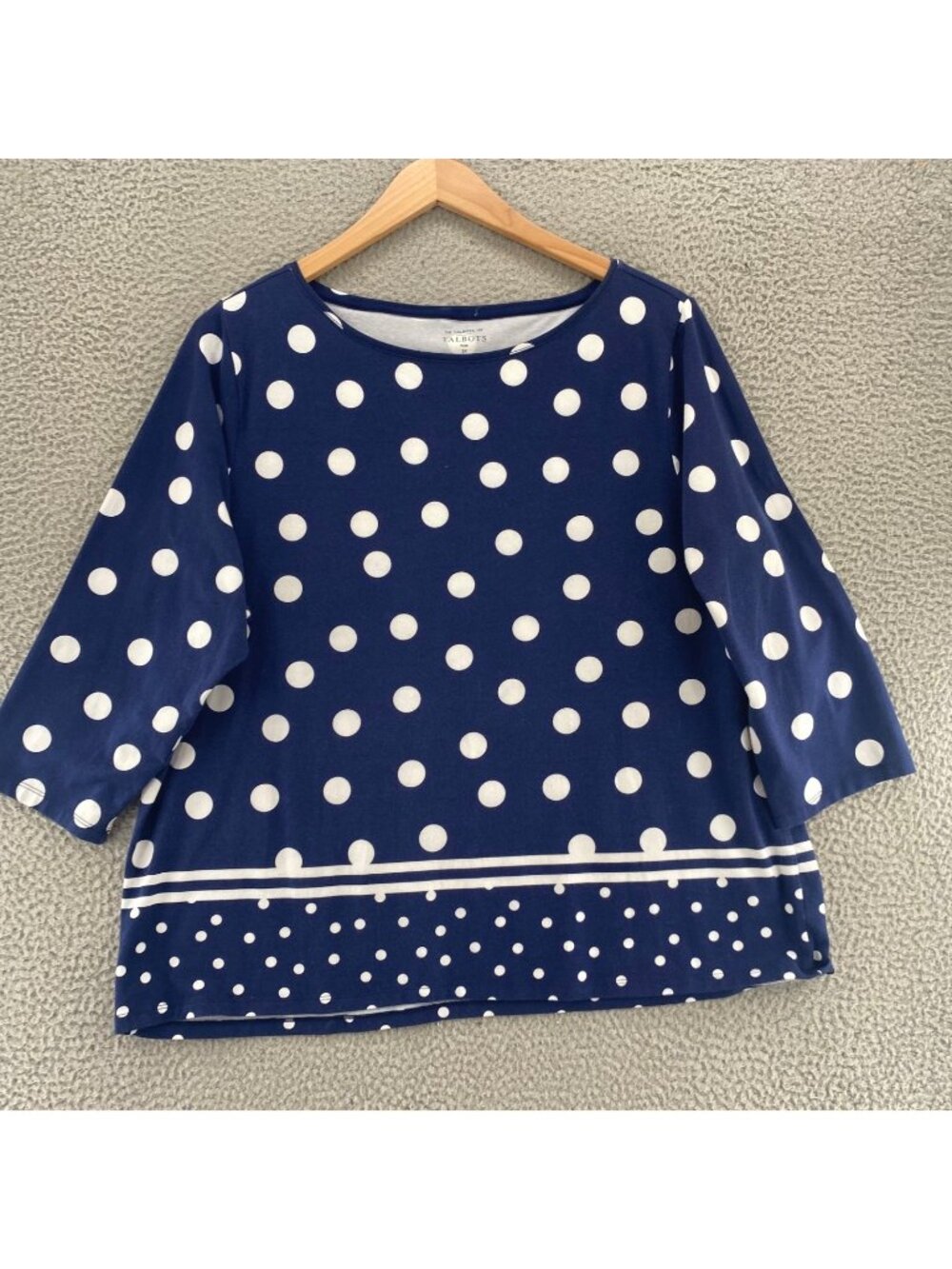 Talbots Top Women 3X Navy Polka Dot Tee Boat Neck Cotton Stretch Knit 3/4 Sleeve